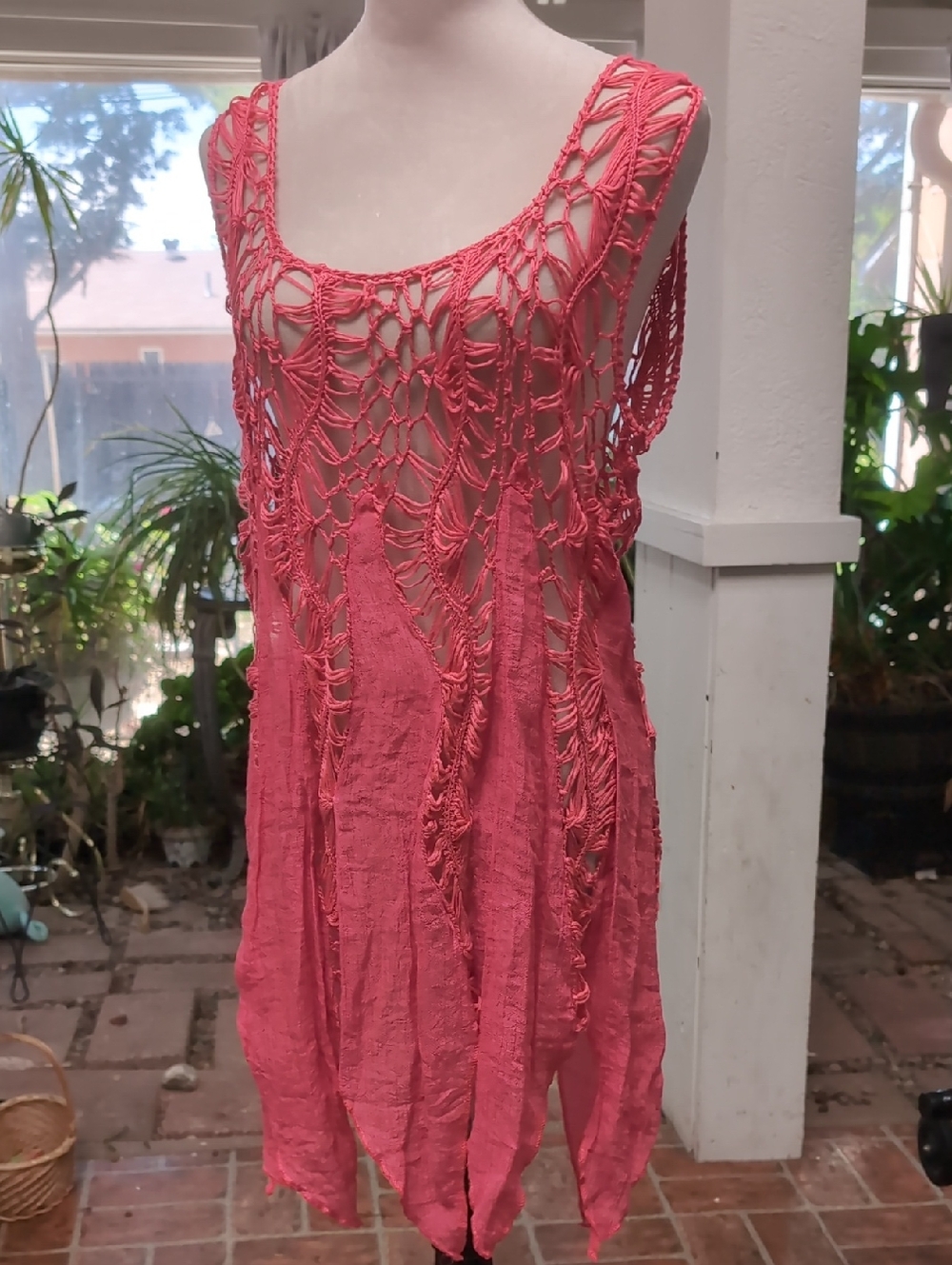 Crochet Overlay Tank Dress in Coral Pink